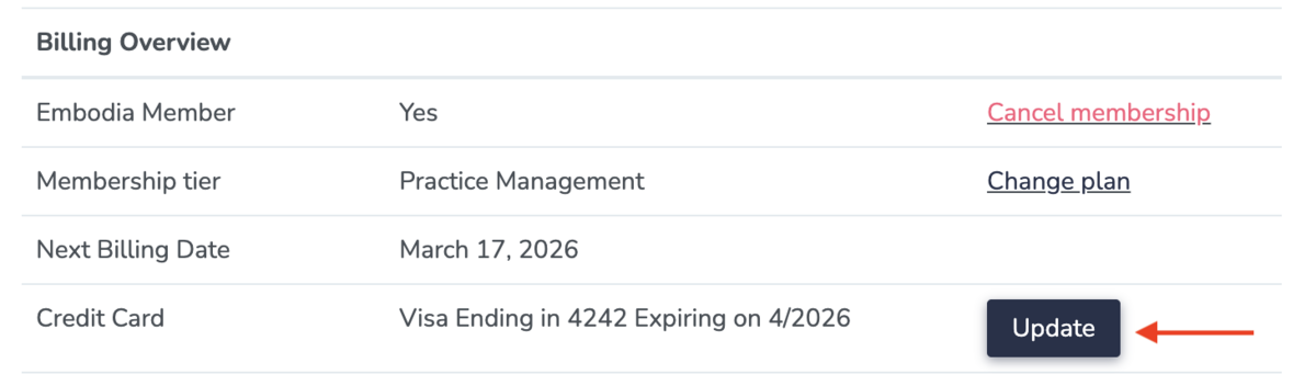 Updating my payment information on Embodia
