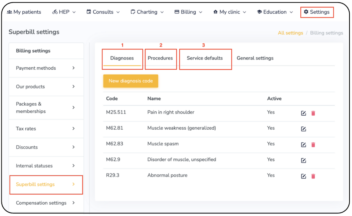 Step-by-step guide to create new diagnosis and procedure codes for Superbill setup on Embodia, an all-in-one practice management system.
