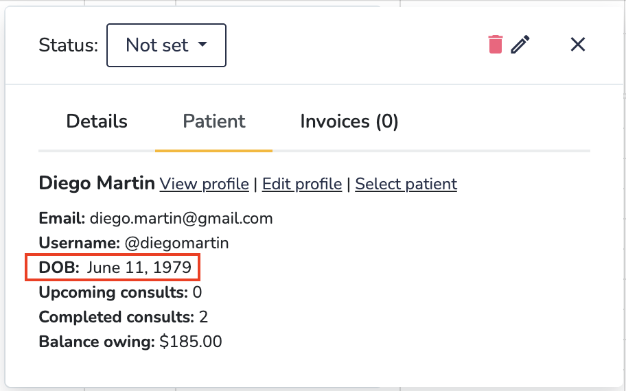 Patient property displayed on the calendar in Embodia