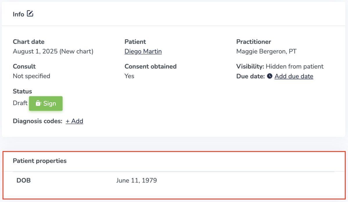 A patient property being displayed on a patient chart on Embodia