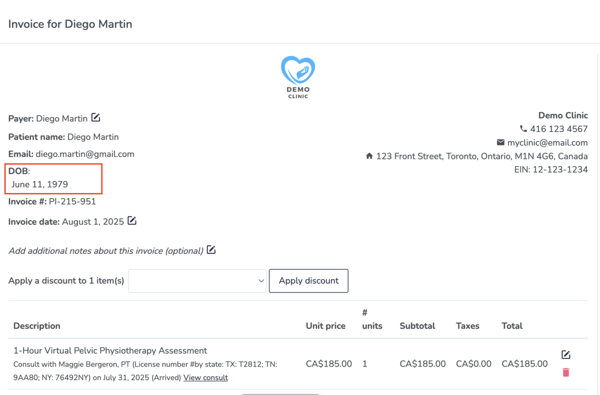  patient property shown on patient invoices on Embodia
