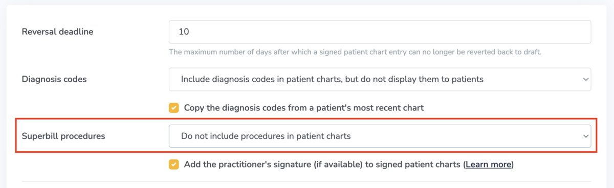 Charting general settings for superbill procedures