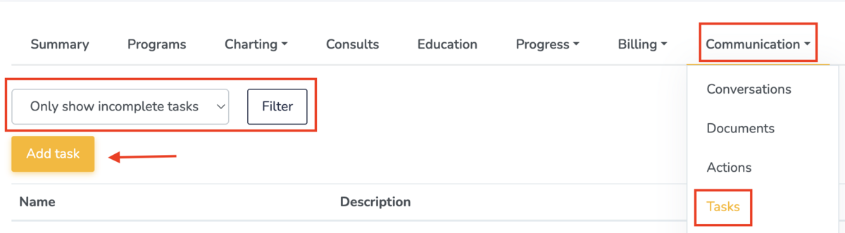Tasks under a patient profile