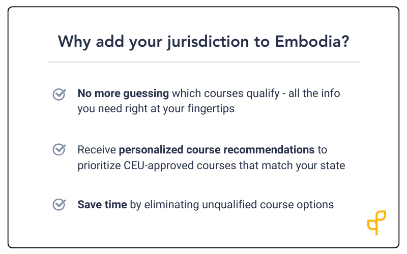 Why add your CEU jurisdiction to Embodia