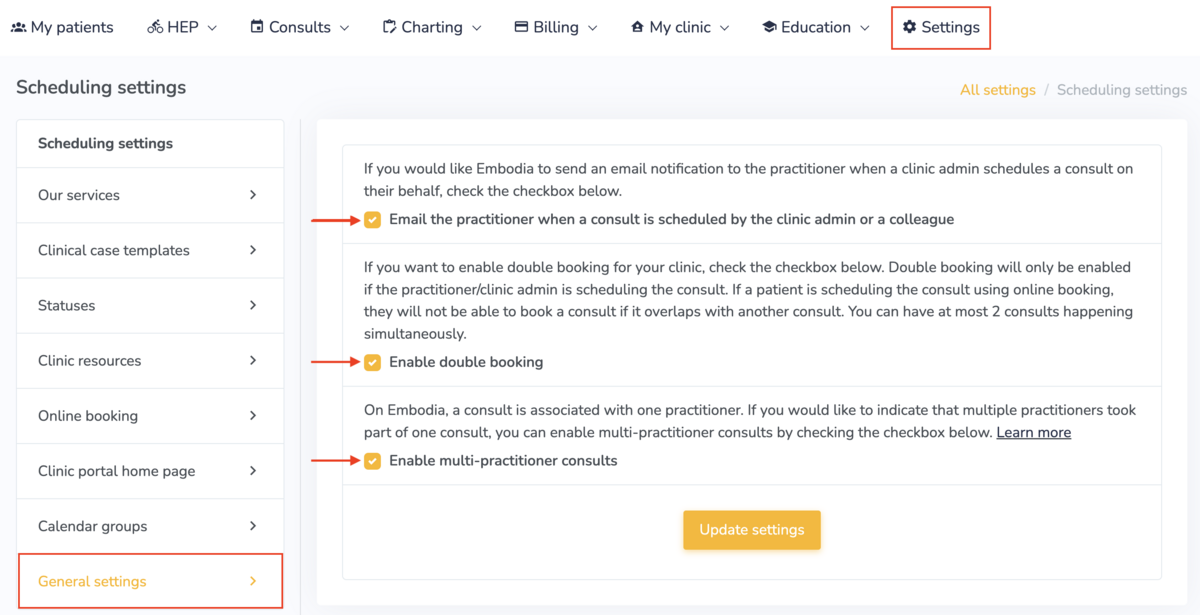 General Scheduling settings on Embodia