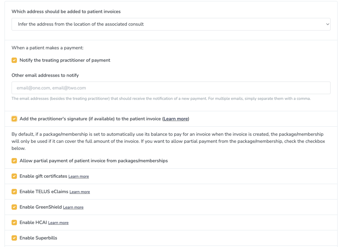 General billing settings on Embodia