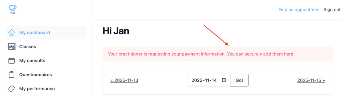 Payment information request on Embodia