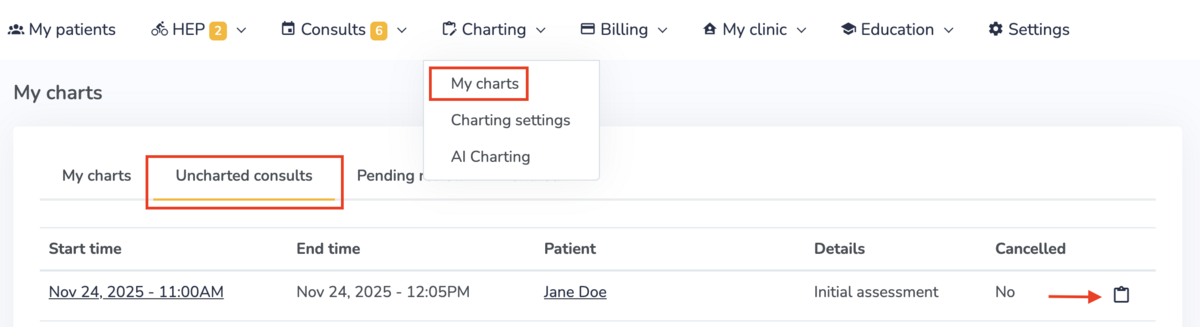 Listing consults that are missing a chart entry