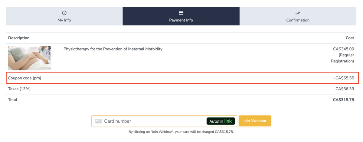 Using a coupon code to purchase a course or webinar on Embodia