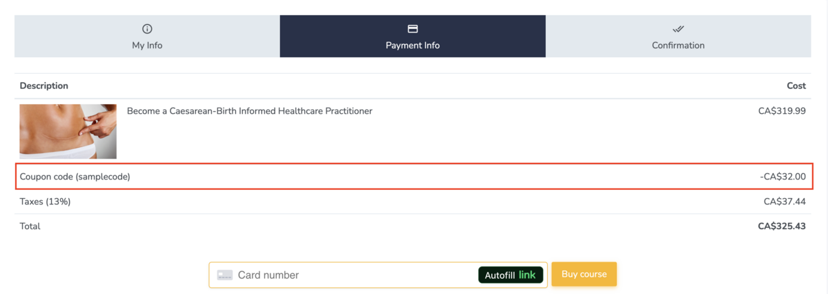 Using a coupon code to purchase a course or webinar on Embodia