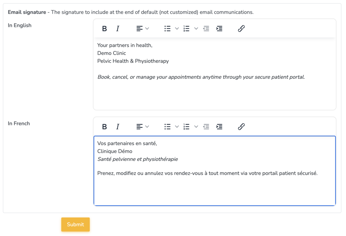 Enter custom email signatures in English and French on Embodia