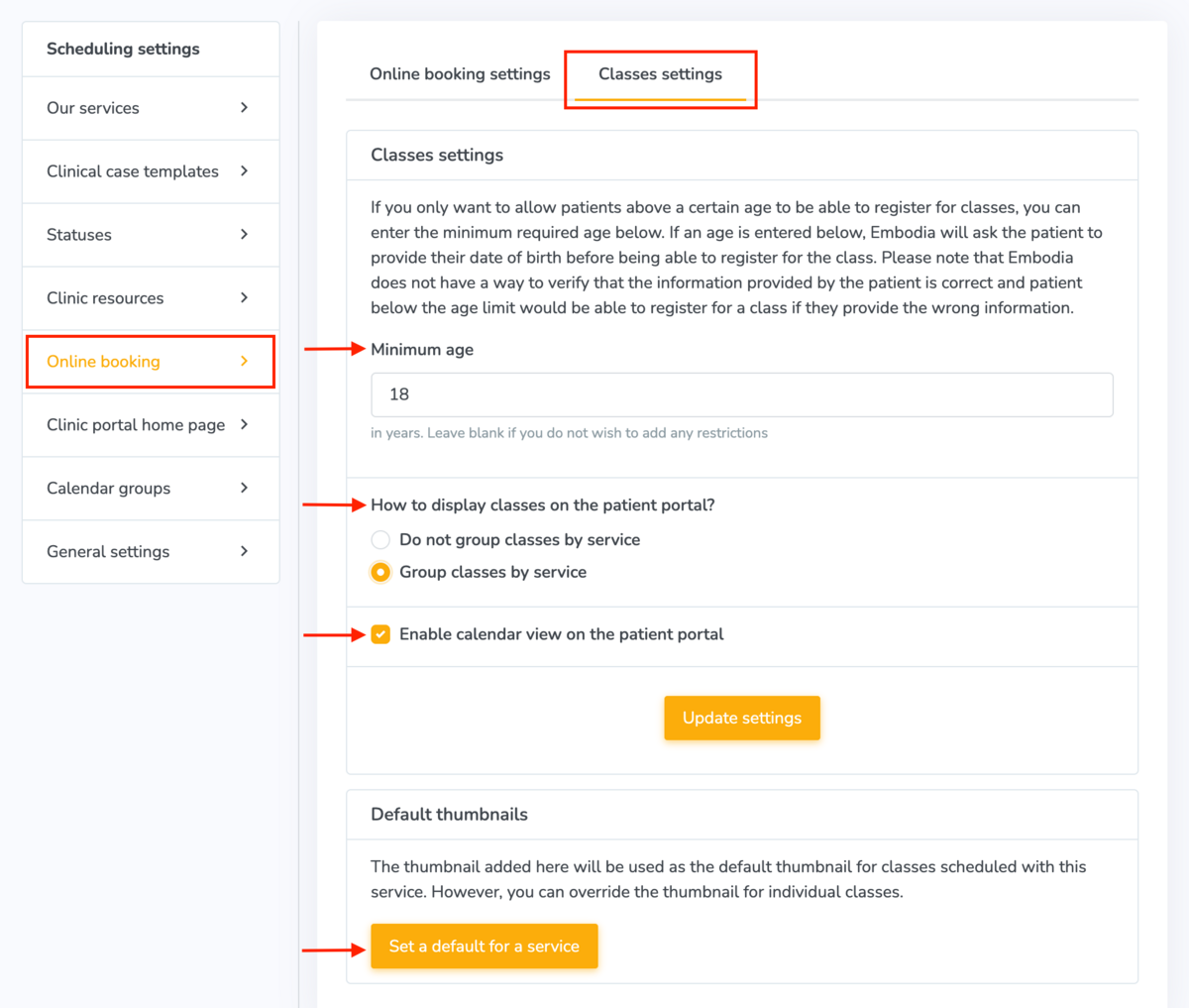 Embodia online booking settings for classes