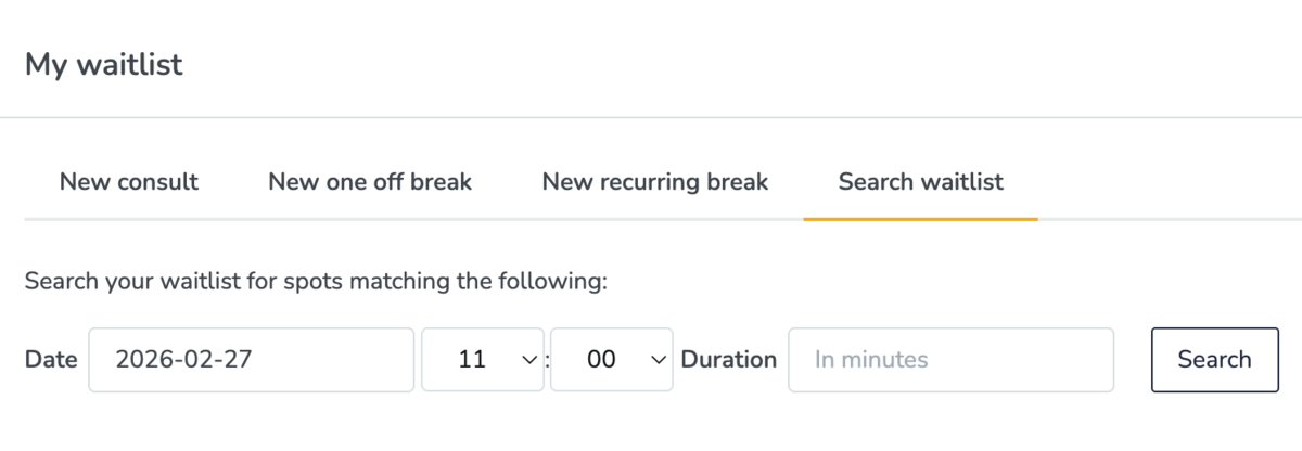 Searching your waitlist from the calendar on Embodia