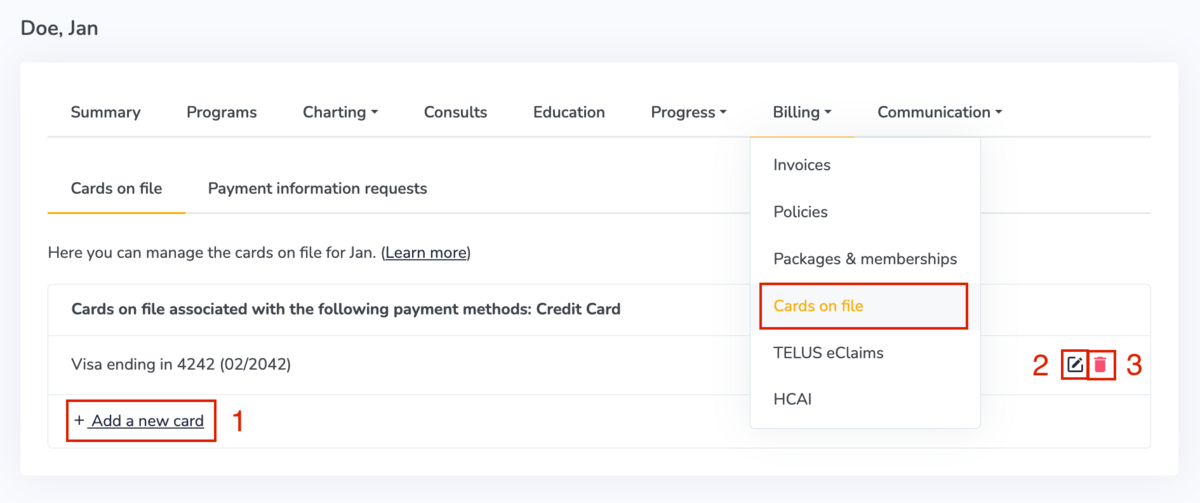 Managing a patient's card on file on Embodia's Practice Management System