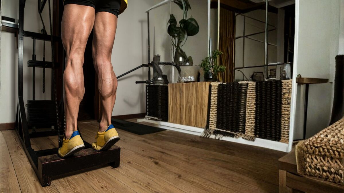 Person performing heavy slow resistance (HSR) double leg standing calf raises on a gym weight machine.