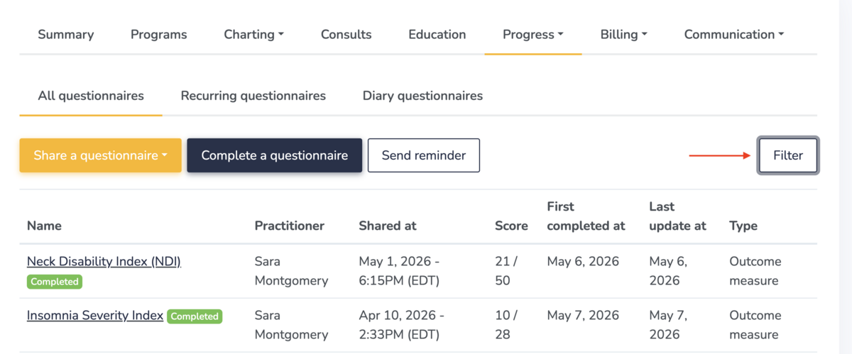 Viewing individual patient questionnaire responses in Embodia