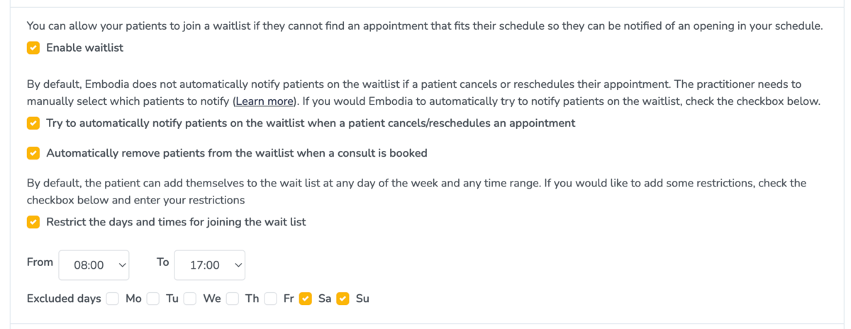 Enabling the waitlist feature in your clinic on Embodia