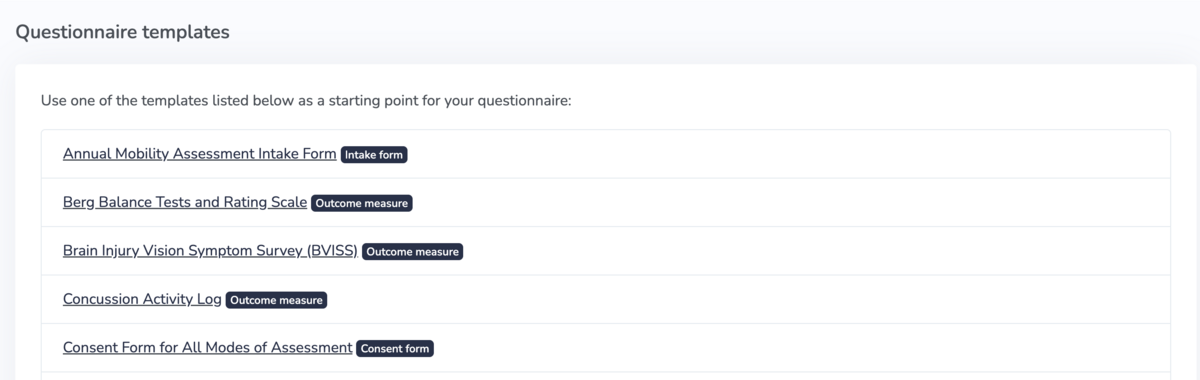 Template library showing outcome measure, intake form, and consent form categories