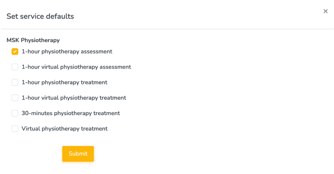 editing default services for a consult setting