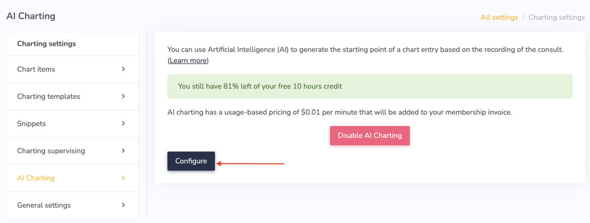 AI Charting settings page showing the Configure button