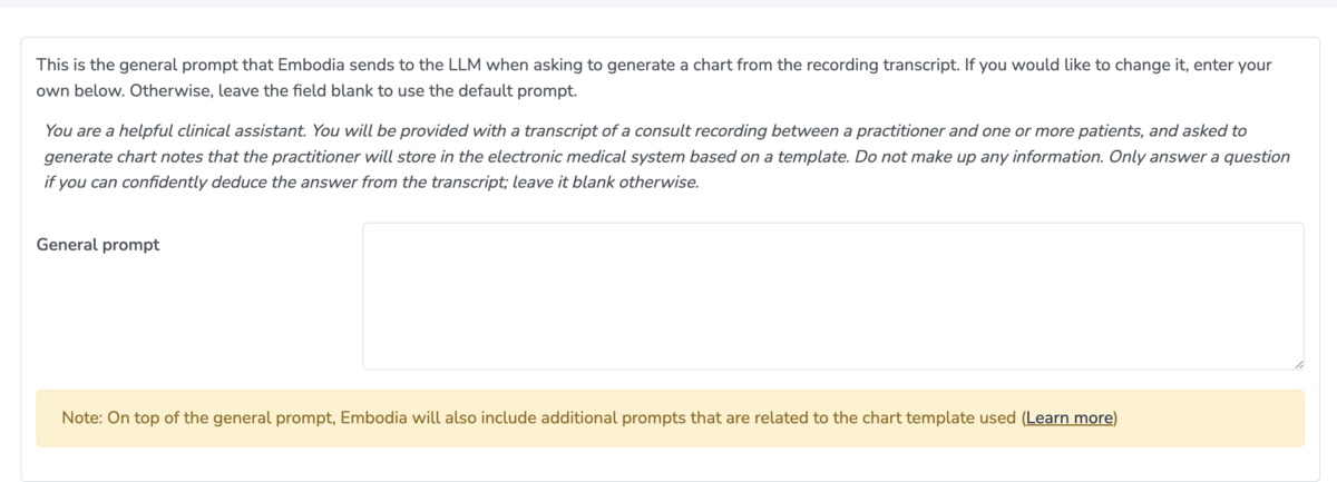 The Configure screen showing the default prompt and the General prompt field