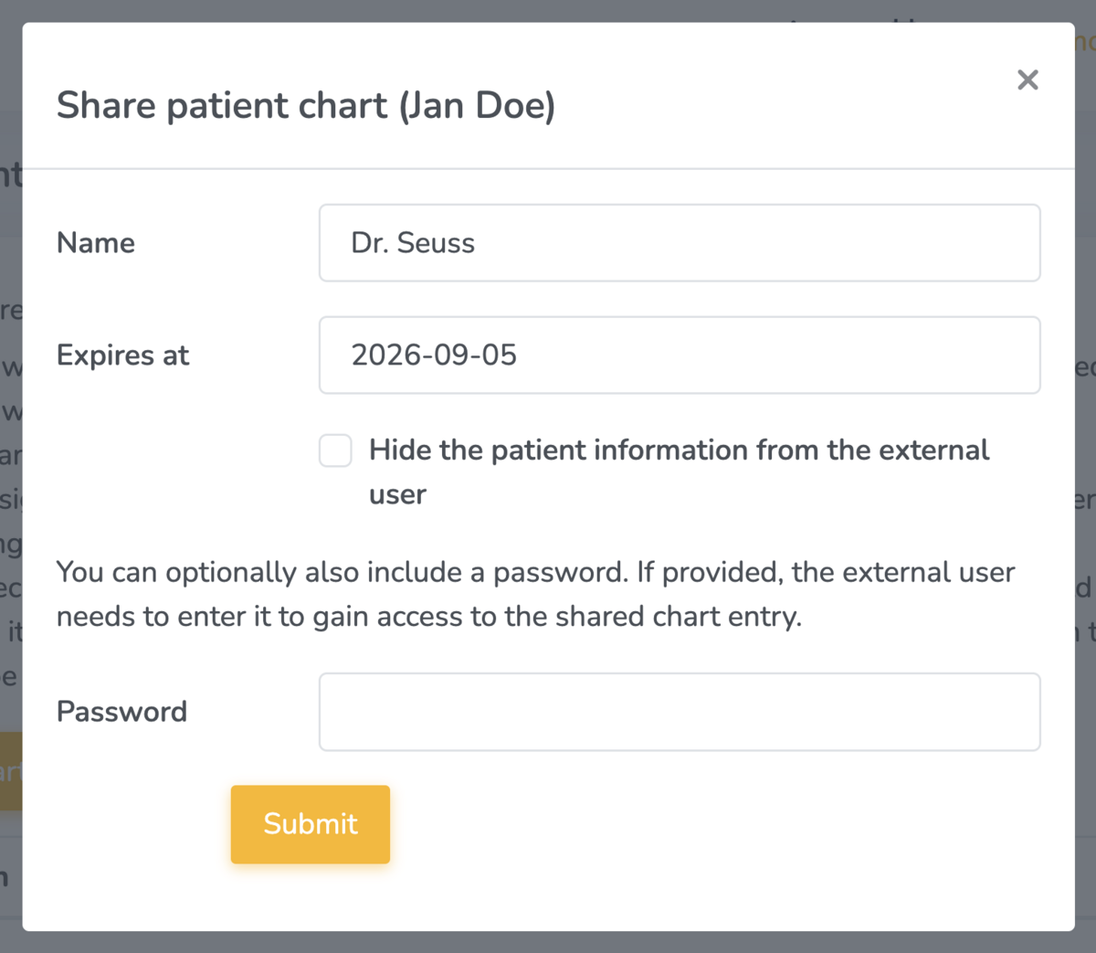 Pop-up form for external sharing of a chart