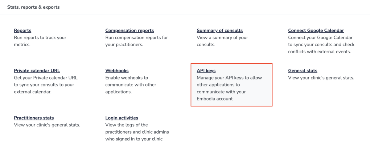 Clinic API keys to connect other applications