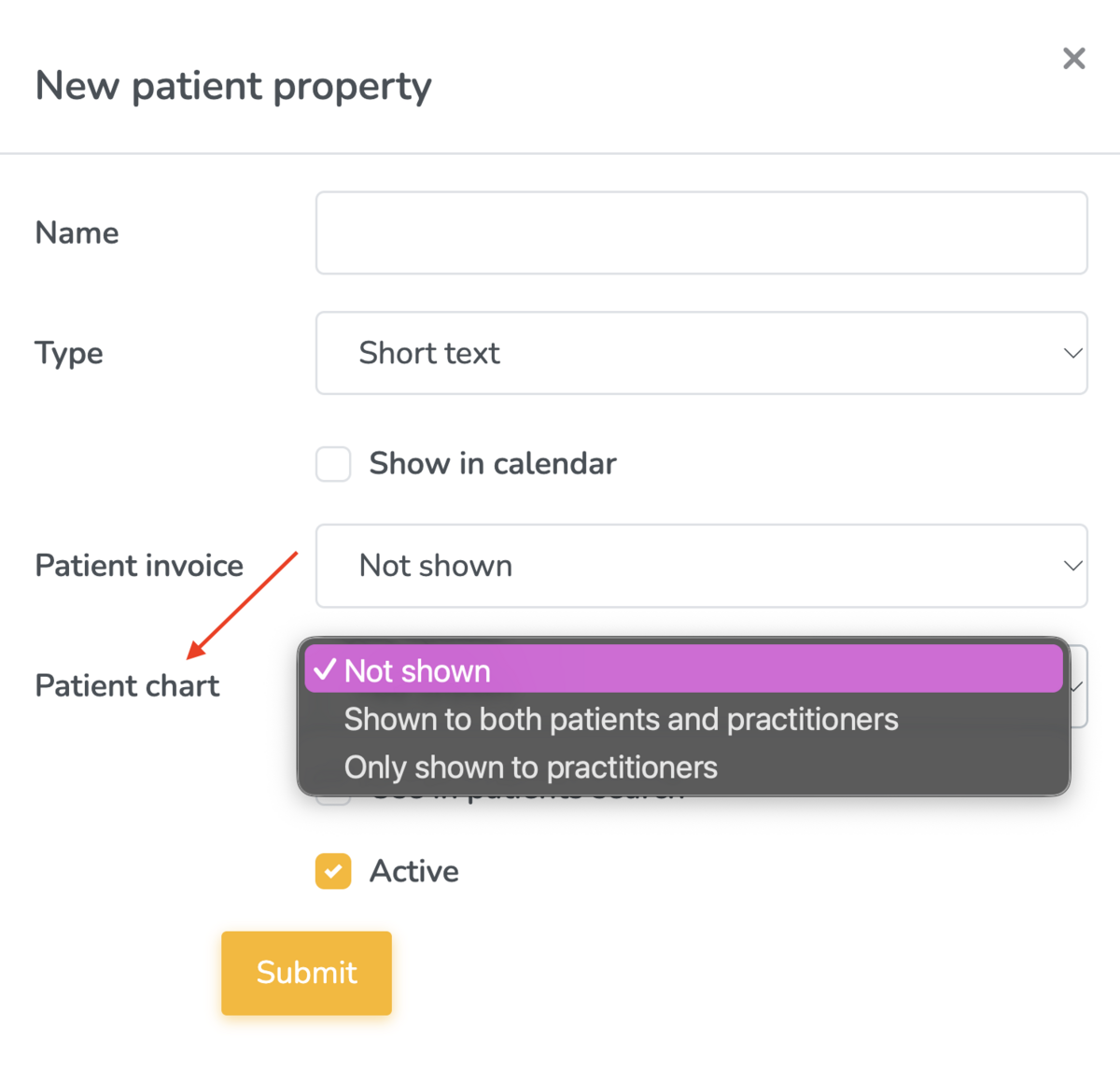 Displaying patient properties in a patient chart on Embodia