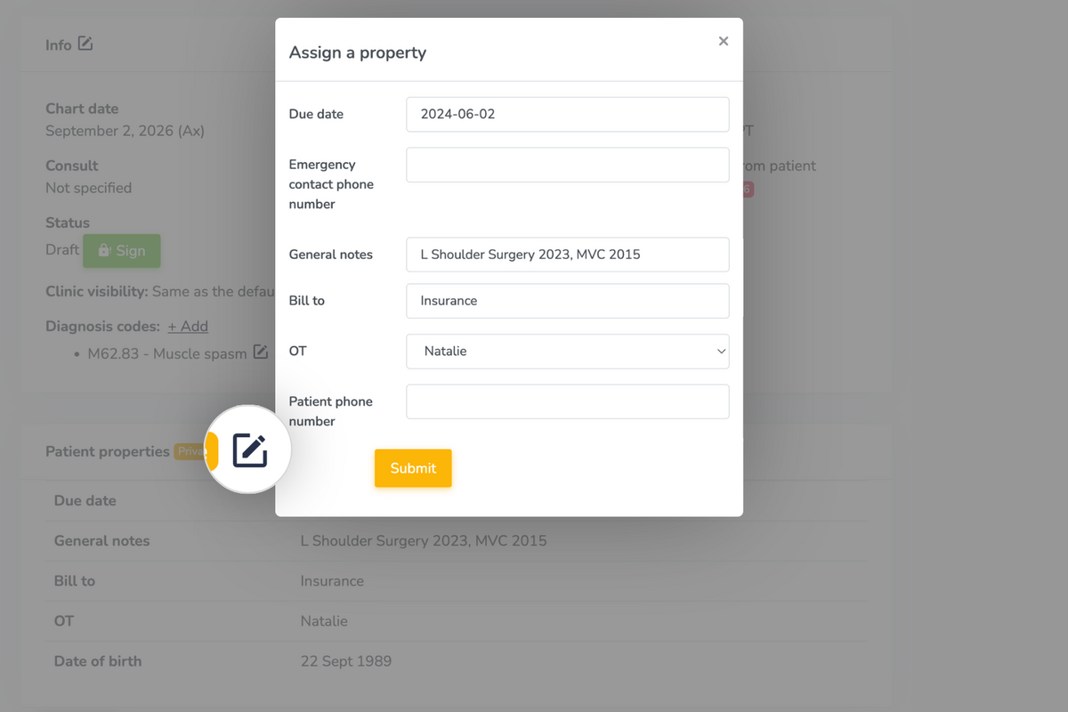 Editing patient properties in chart notes