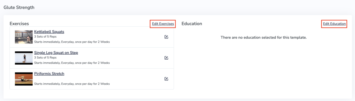 Edit exercises and education in templates on Embodia